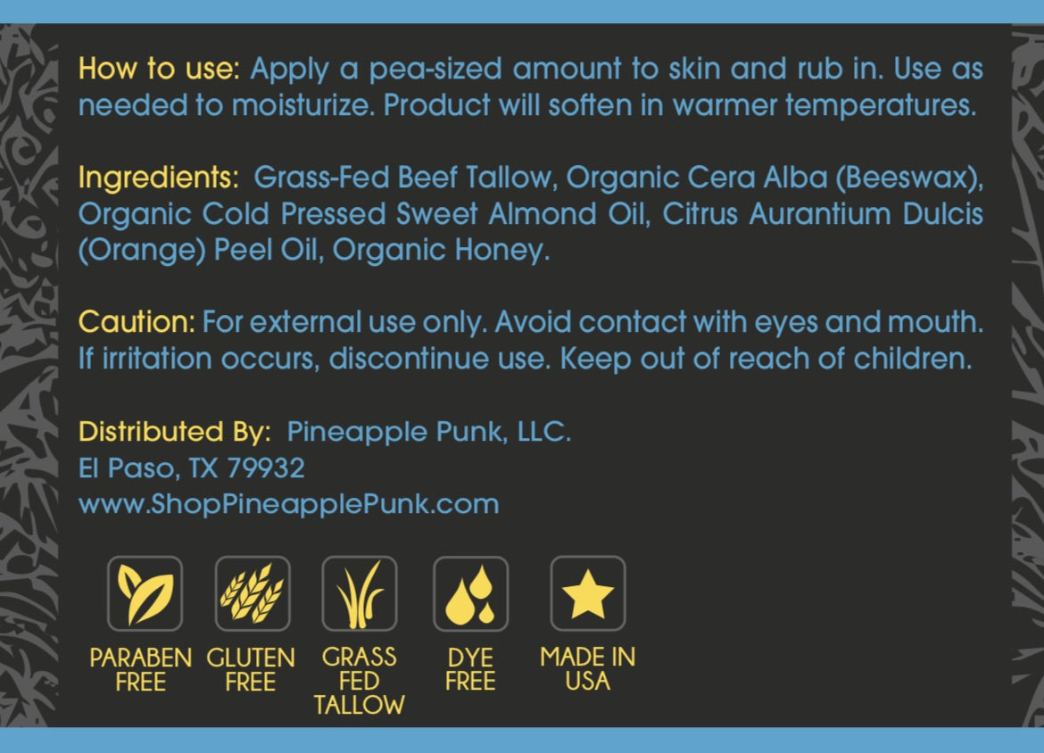 100% grass fed beef tallow skincare moisturizer natural - ingredients- Pineapple Punk Skincare